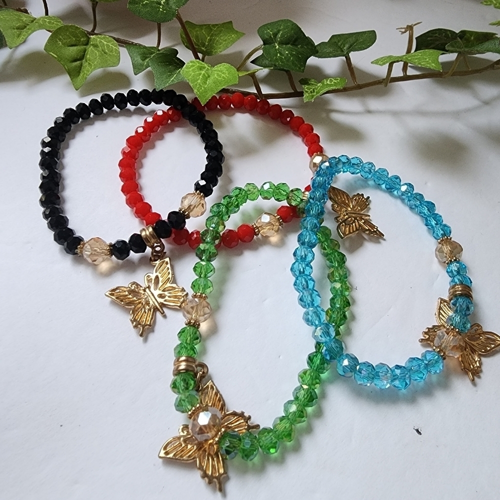 Set of 4 Boho Crystal Bead Stretch Bracelet with Butterfly Charms